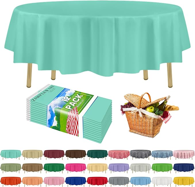 ZIMPLEWARE Premium Aqua Plastic Table Cloth Disposable (12 Pack) Round Tablecloth (84in) Party Table Cloths Disposable, Perfect Table Cloth Round Cover for Any Table Up to 6 Feet
