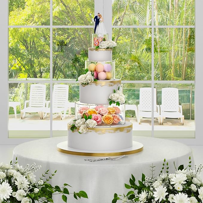NPPLUS 3PCS Clear Acrylic Cake Stand, Fillable Cake Box Riser Cake Tier, Round Cake Display Box with Lid, Decorative Centerpiece Box for Wedding Birthday Party (14" Dx4 H,10" Dx4 H,6" Dx4 H)