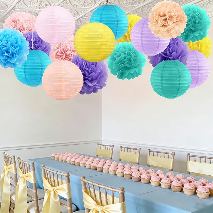 BEISHIDA Macaron Tissue Hanging Paper Flowers Lanterns Party Decorations Set for Birthday Graduation Baby Shower Bridal Bachelorette Wedding Photo Booth Backdrops Party Supplies(18 Packs)