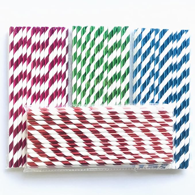 100 pcs Mixed Biodegradable Colorful Party Paper Straws, Colored Hot Pink Blue Red Green Foil Striped Drinking Straws Bulk, Restaurant Holiday Birthday Wedding Cake Pop Sticks (Metallic Stripe)
