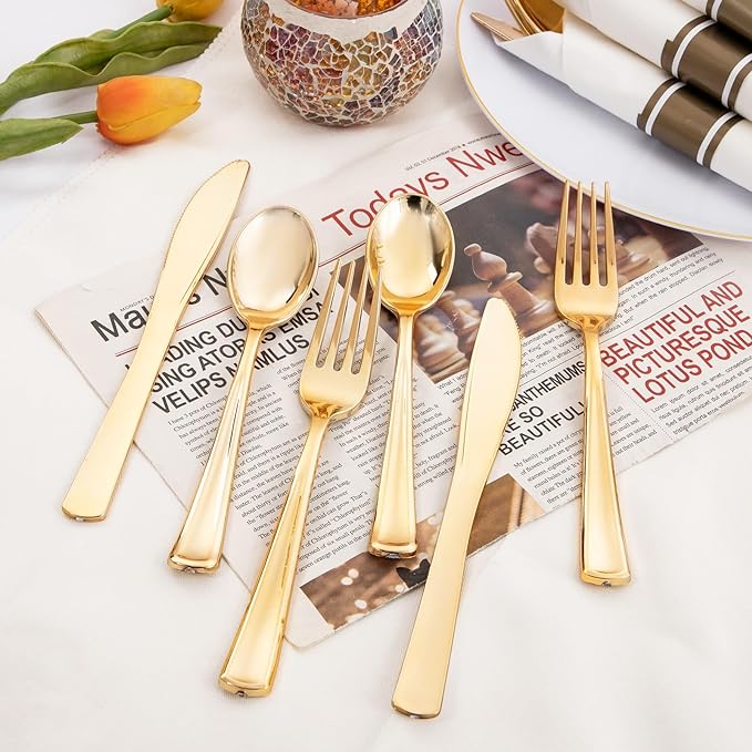 Supernal 120Pack Gold Plastic Silverware Wrapped Plastic Cutlery Set with Napkin,Pre Rolled Napkins with Cutlery Set,Rolled Silverware Disposable For Valentine's Day Mother's Day and Easter