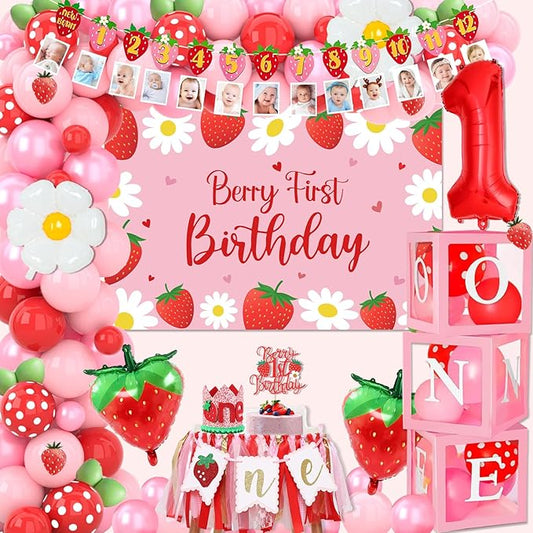 Berry First Birthday Decor, Strawberry 1st Birthday Decorations for Girls with Balloon Arch Kit Berry First Theme Balloon Boxes Crown Strawberry Cake Toppers Photo Banner Girl 1st Party supplies