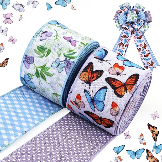 LaRibbons Double Faced Butterfly Wired Ribbon 2 Rolls 2.5 Inch x 12 Yards TTL, Blue and Purple Burlap Spring Ribbon with Plaid and Polka Dot Printed for Crafts Wreath Gift Wrapping Bow Decoration