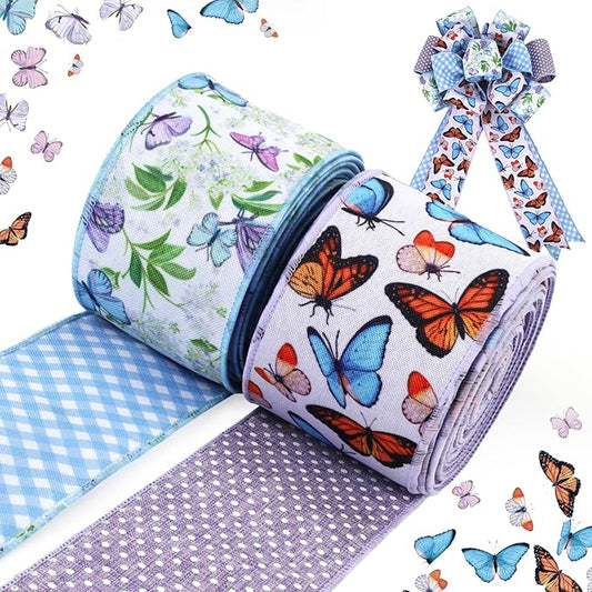 LaRibbons Double Faced Butterfly Wired Ribbon 2 Rolls 2.5 Inch x 12 Yards TTL, Blue and Purple Burlap Spring Ribbon with Plaid and Polka Dot Printed for Crafts Wreath Gift Wrapping Bow Decoration