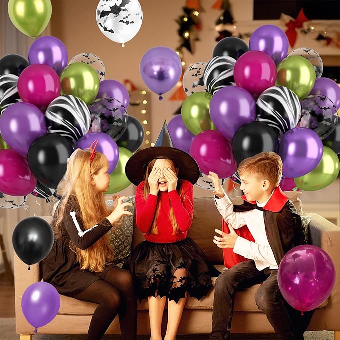 Paready Black Purple Pink Halloween Balloons, 60 Pcs Hot Pink Black Green Party Balloons, Metallic Green Purple Balloon Bat Printed Agate Balloon for Halloween Birthday Home Garden Party Decoration