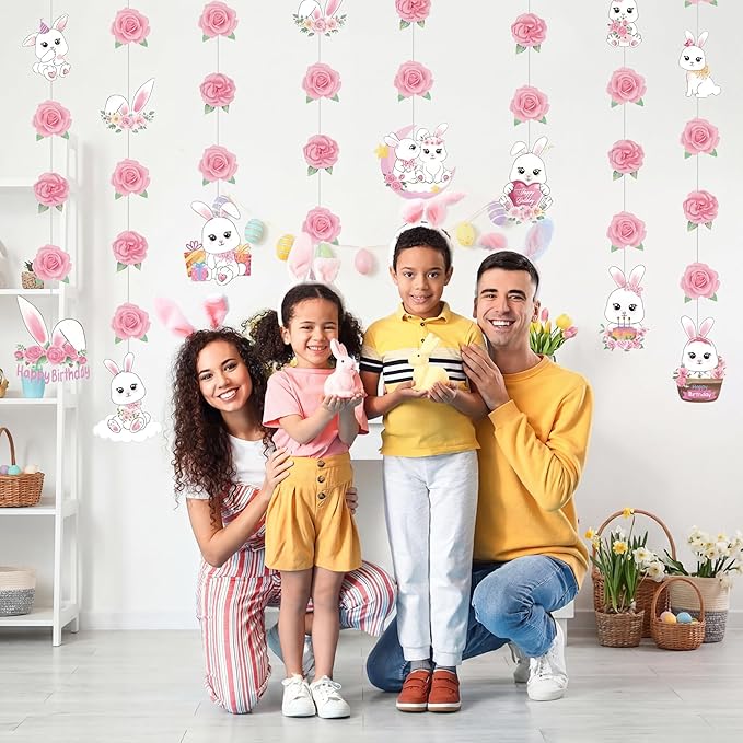 Daifunli 8 Pcs Bunny Birthday Party Decorations Some Bunny is One Birthday Hanging Garlands Banner Pink Rose White Rabbit Paper Cutouts Streamer for Girls Wall Ceiling Decor Rabbit Party Supplies