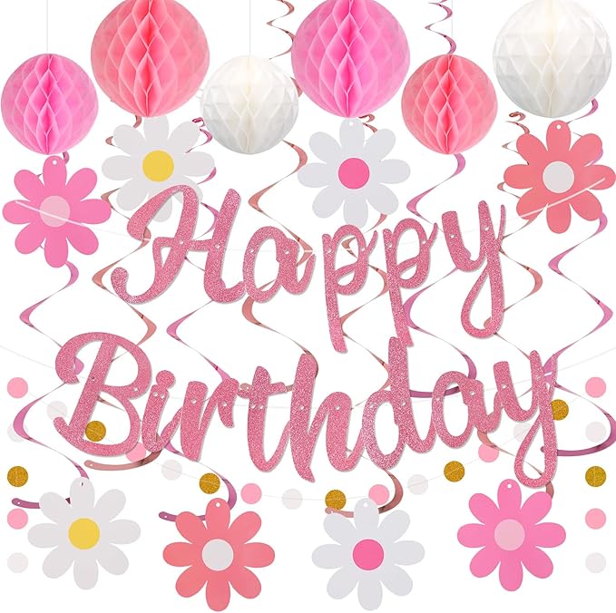 YEOCU Birthday Decorations, NO DIY, Pre-Strung Happy Birthday Banner with Honeycomb Balls, Hanging Swirls, Circle Dots Garland, Happy Birthday Party Decorations for Women Men Boys Girls (Pink)
