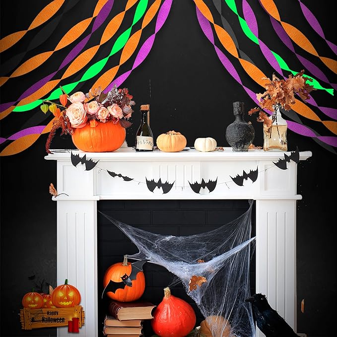 Halloween Party Streamers, Black Orange Purple Crepe Paper Kit 8 Rolls, Halloween Decorations Ceiling Hanging Backdrop Scary Party Supplies DIY Crepe Paper Roll