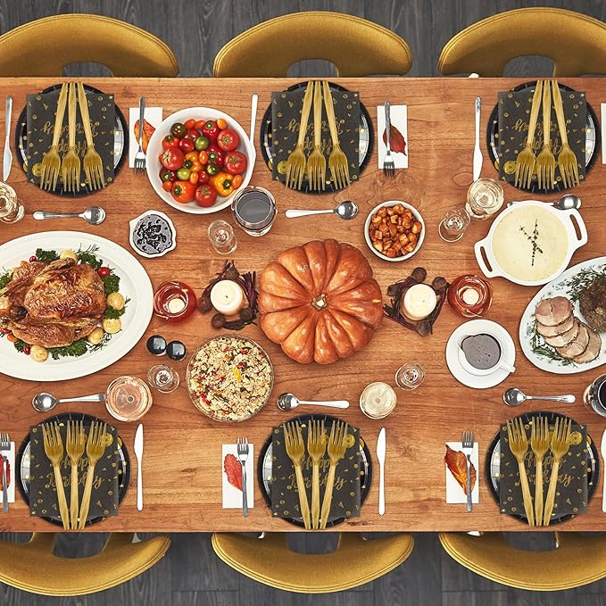 48PCS Happy Birthday Plates and Napkins Party Supplies, Black and Gold Disposable Paper Plates and Napkins with Forks Tableware Set for Birthday Party Decorations 16 Guests (Birthday Black)