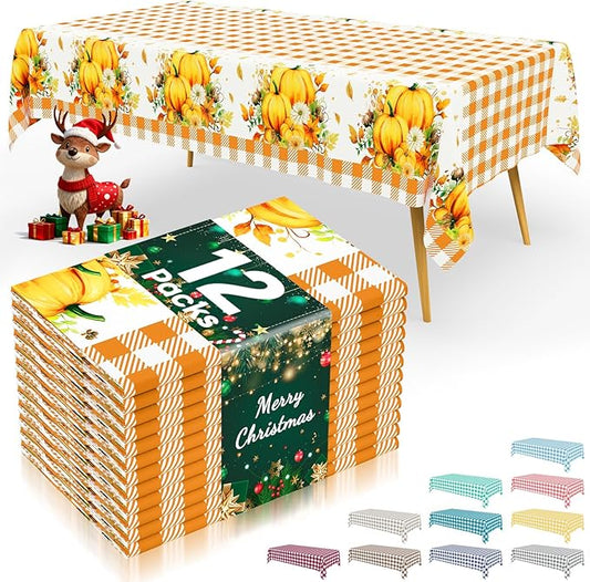 Smiry 12 Packs Buffalo Disposable Table Cloth, 54 x 108 Inch Waterproof Plastic Tablecloth, Rectangle Harvest Pumpkin Orange Checkered Table Covers for Picnic, Thanksgiving, Birthday, Party