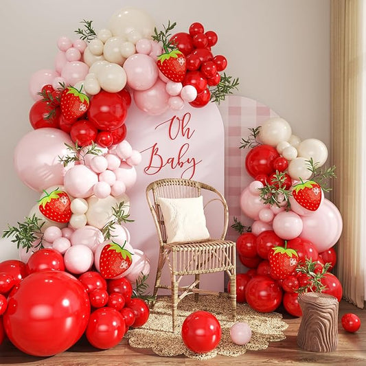 Strawberry Balloons Arch Garland Kit, 124Pcs Red and Pink Balloons with Strawberry Card for Sweet One Berry First Birthday Baby Shower Decorations