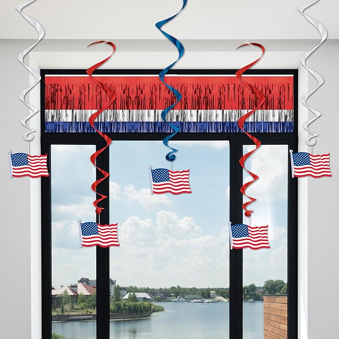Beistle 5 Piece American Flag Whirls, 3’ Long Hanging Patriotic Stars and Stripes Decorations, Red, White & Blue Party Supplies, Fourth of July, Memorial Day & Festive Themed USA Holiday Decor
