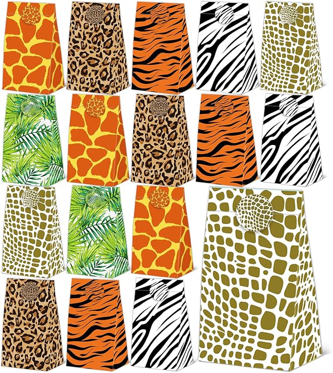 24 Pcs Animal Print Goodie Bags Wildlife Print Gift Bags with Stickers -Wild Life Animal Themed Birthday Party Favor Bags, Leopard Tiger Zebra Giraffe Pattern for Animal Themed for Party Decoration Supplies