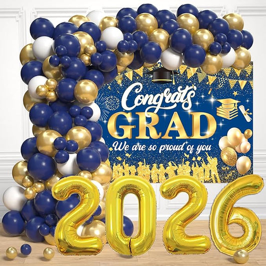 Blue And Gold 2026 Graduation Party Decorations - Graduation Balloon Arch Kit With Blue Gold Graduation Balloons, Congrats Grad Backdrop, 2026 Foil Balloons For High School Graduation Decorations