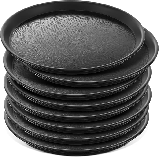 Zopeal 8 Pcs 14 Inch Round Restaurant Serving Trays Non Slip Surface Black Serving Plastic Food Meals Server Tray for Halloween Party Bar Restaurant Cocktail Cafeteria