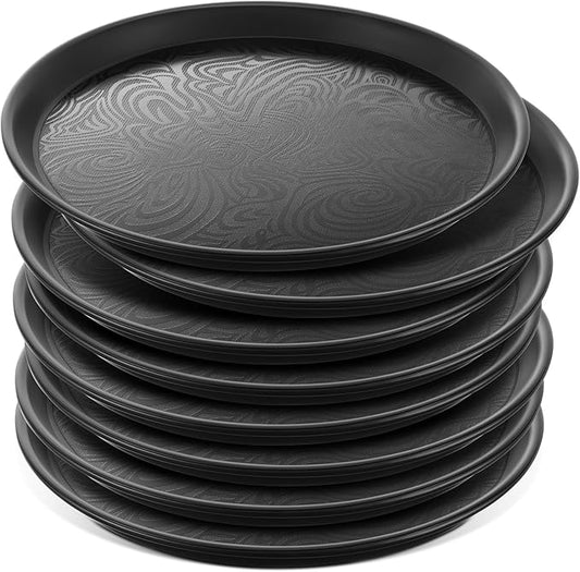 Zopeal 8 Pcs 16 Inch Round Restaurant Serving Trays Non Slip Surface Black Serving Plastic Food Meals Server Tray for Halloween Party Bar Restaurant Cocktail Cafeteria