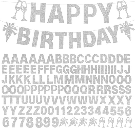 129Pcs DIY Letter Banners Glitter Customizable Banner Kit Custom Banners DIY Happy Birthday Letters 0-9 Numbers Personalized Banner Decor Wedding Birthday Party Decorations Supplies(Dazzling Silver)
