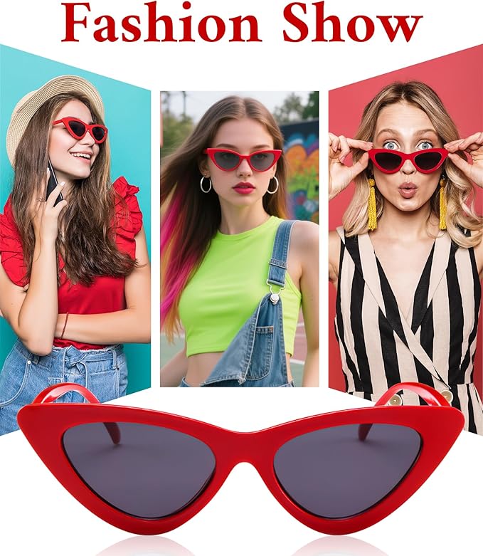 PLULON Vintage Narrow Cat Eye Sunglasses Women Men Sun Glasses Retro Cateye Boys Girls Birthday Summer Beach Pool Party