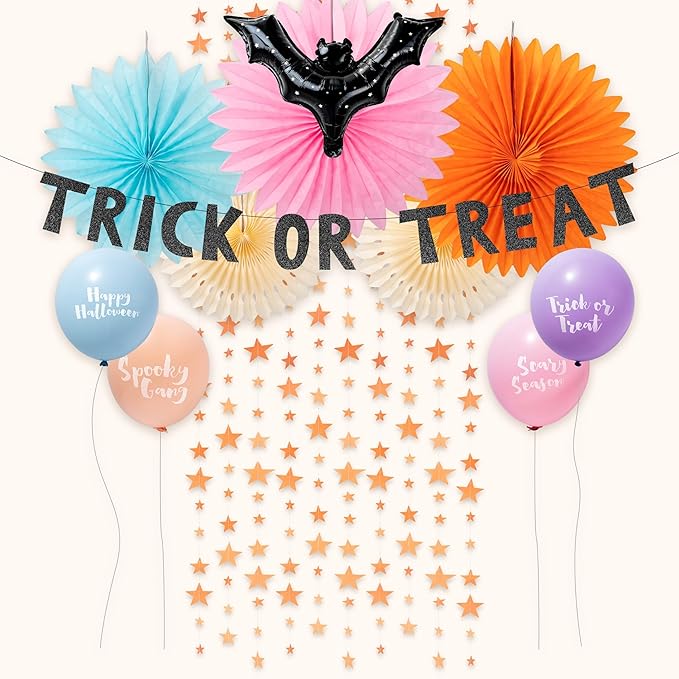 Cheerland Halloween Balloons Colorful Halloween Party Decoations Bat Garlands Pastel Halloween Decor Cute Ceiling Backdrop Photobooth Decor Star Streamers TTrick or Treat Banner Orange Paper Fan 23pcs