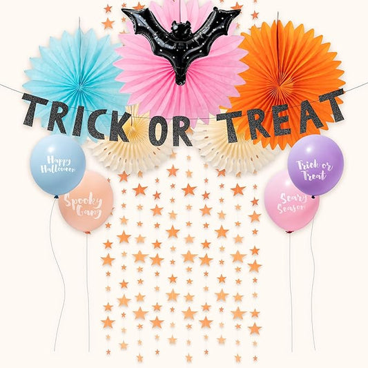 Cheerland Halloween Balloons Colorful Halloween Party Decoations Bat Garlands Pastel Halloween Decor Cute Ceiling Backdrop Photobooth Decor Star Streamers TTrick or Treat Banner Orange Paper Fan 23pcs