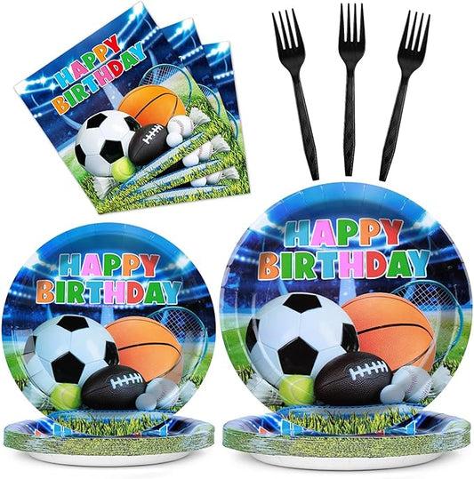 OBUSATT 96Pcs Sport Theme Party Supplies Basketball Paper Plates Napkins All-Star Party Decorations Dinnerware Favor Basketball Forks Football Baseball Soccer Decor Birthday Tableware Serves 24