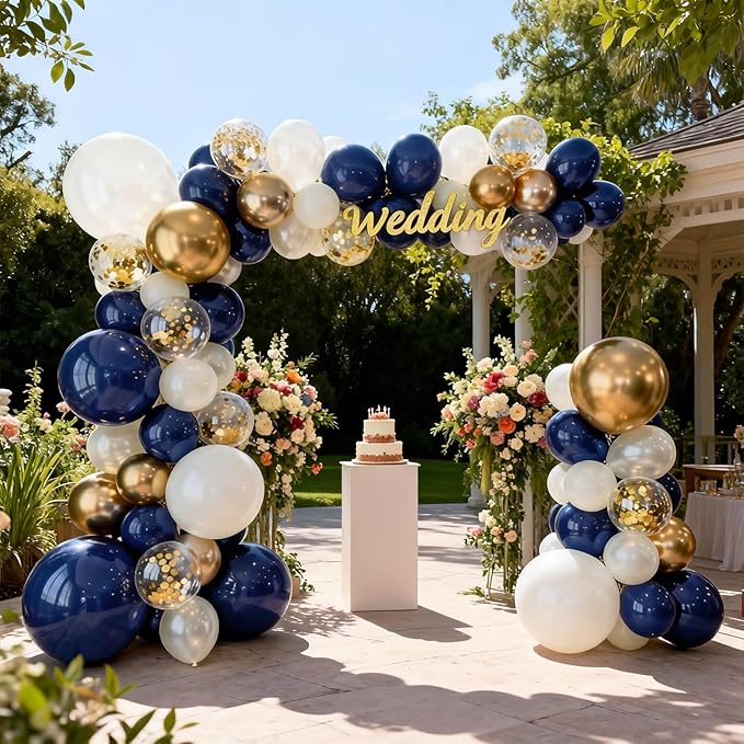 Navy Blue Gold White Balloons Arch Kit -129pcs Double Stuffed Royal Blue Chrome Gold Pearl Sand White Confetti Balloons Garland for Graduation Fathers Day Birthday New Year Wedding Party Decorations