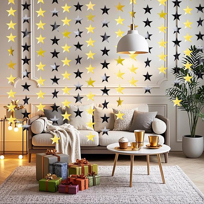 Glitter Star Garland Banner Decor 130 Feet Gold Black Star Garland Hanging Bunting Banner Backdrop for Graduation Wedding Birthday Holiday Party