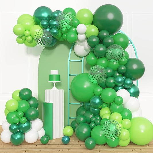 Amandir 153pcs Green Balloon Garland Arch Kit, Different Sizes 18 12 10 5 inch Dark Lime Green Latex Metallic Confetti Graduation Balloons for Safari Jungle Shower Birthday Party Decorations