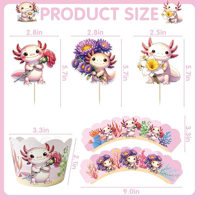 Pink Axolotl Birthday Decorations -48 Pcs Cute Cartoon Animal Axolotl Theme Cupcake Toppers Wrappers Set, Happy Birthday Party Baby Shower Supplies Photo Background Table Decor for Girls Kids