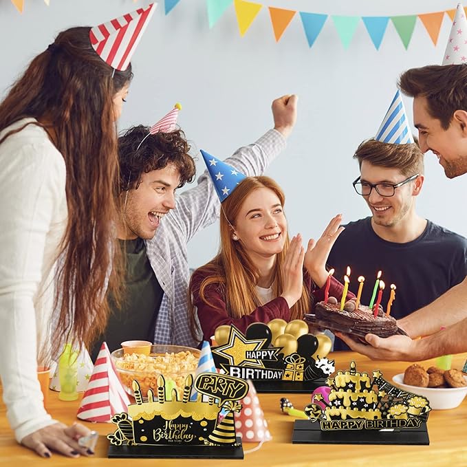 Leinuosen 6 Pieces Happy Birthday Table Centerpiece Black and Gold Happy New Year Wooden Sign Table Topper Party Decoration for Women Men Birthday Baby Shower Photo Booth, 6 Designs