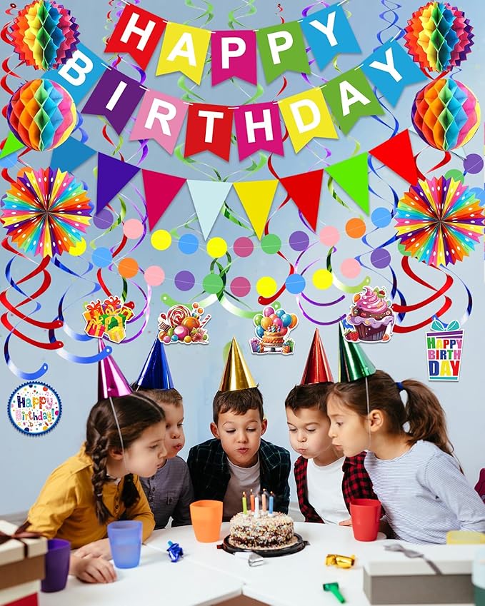 Pre-Strung Colorful Happy Birthday Banner Paper Triangle Flag Bunting Circle Confetti Dots Hanging Garland And Honeycomb Ball Swirl Streamers for Birthday Baby Shower Party Decoration