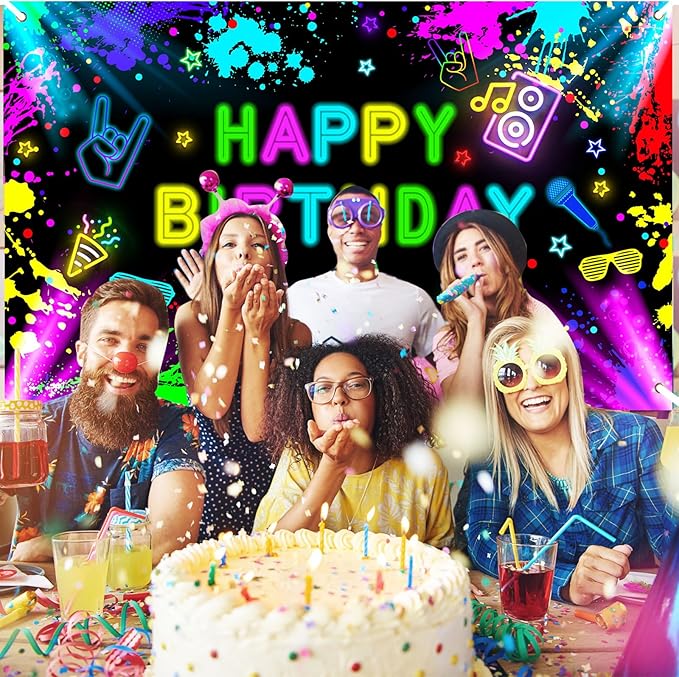 Neon Birthday Backdrop 7x5 ft Glow in The Dark Banner Neon Birthday Party Decorations Glow Photography Background Photo Booth Props