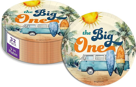 The Big One Surfer First Birthday - 32 Piece Disposable Party Supplies - Decorations for Surfing 1st Birthday Round Party Plates - Large 9" Paper Plates In Bulk