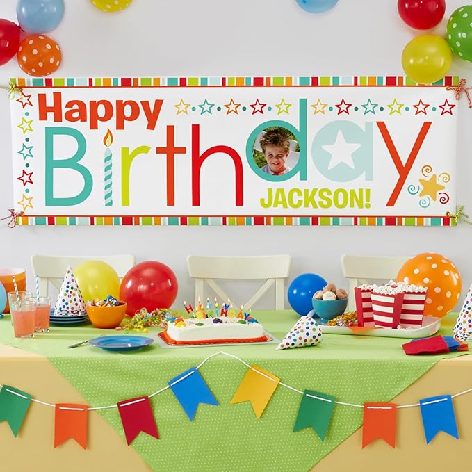 Let's Make Memories Personalized Birthday Banner - Kids Party Decorations - Custom Happy Birthday Banner - Indoor/Outdoor Vinyl - Any Text and Photo - Red Multi - 6ft