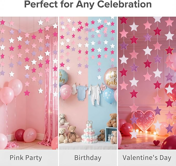 Glitter Pink, Rose Red & Pink White Iridescent Star Garland 90FT, 240pcs Hanging Glitter Star Banner Backdrop for Birthday, Baby Shower, Wedding & Christmas Party Decorations (6 Packs)