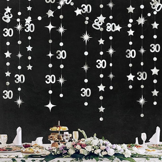 Silver 30th Birthday Decorations Number 30 Circle Dot Twinkle Star Garland Metallic Streamer Banner Backdrop for Mens Womens Happy Dirty Thirty Cheers to 30 Years Old 30th Anniversary Party Supplies