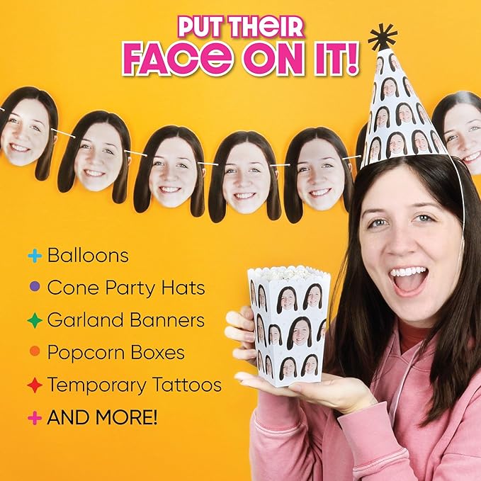Big Dot of Happiness Custom Colorful Birthday Face Cut Out Garland Banner, Personalized Birthday Age Decor, Custom Party Time Face Banner, 30 Feet of Cord, 10 Face Cut Outs