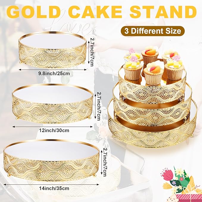 Skylety Set of 3 Round Wedding Cake Stand 10'' 12'' 14'' Metal Dessert Display Stand with Glossy Mirror Dessert Cupcake Cookies Holder for Wedding, Event, Birthday Party(Gold)
