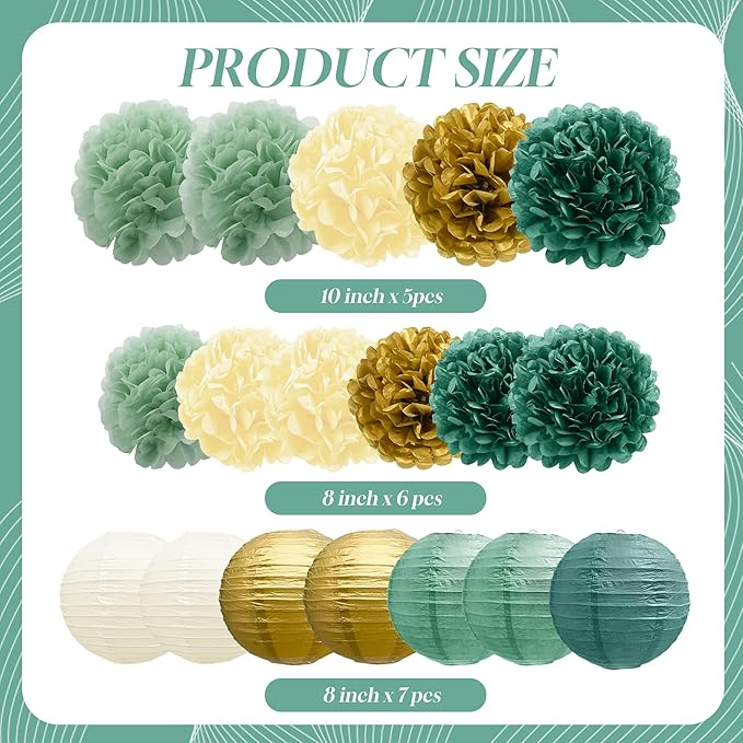 BEISHIDA Green Gold Tissue Hanging Paper Flowers Lanterns Party Decorations Set for Birthday Graduation Baby Shower Bridal Bachelorette Wedding Photo Booth Backdrops Party Supplies(18 Packs)
