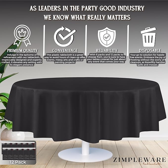 ZIMPLEWARE Premium Dark Grey Plastic Table Cloth Disposable (12 Pack) Round Tablecloth (84in) Party Table Cloths Disposable, Perfect Table Cloth Round Cover for Any Table Up to 6 Feet