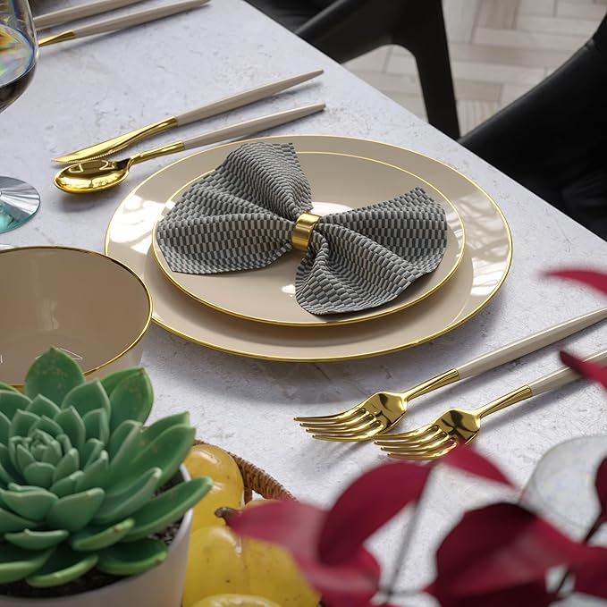 Trendables 360 Pack Disposable Silverware Set - Cutlery Dinnerware - Includes 120 Forks - Spoons - Plastic Knives - White & Gold Plastic Silverware Utensils Party Set