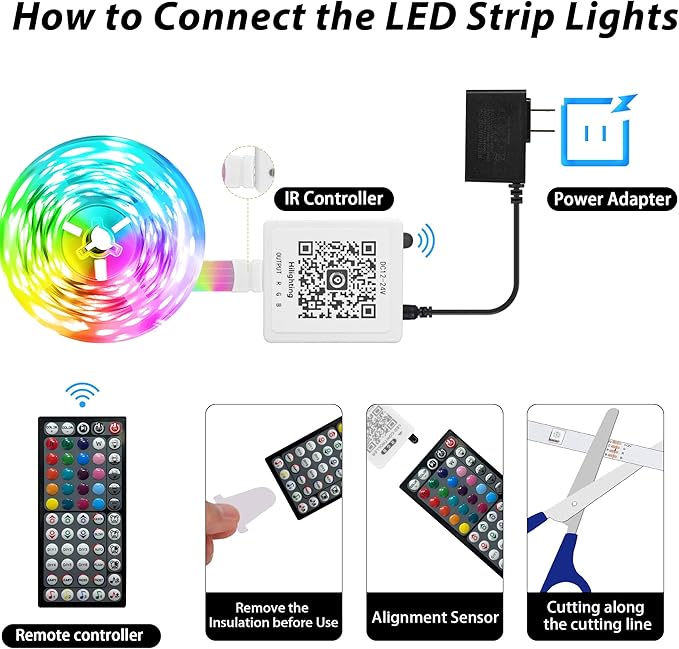 100FT Led Lights for Bedroom, Color Changing RGB Led Strip Lights Indoor, Music Sync Led Light Strip with Remote and App Control, DIY Led lights for Room Home Decor Ambient Lighting (1*100FT)