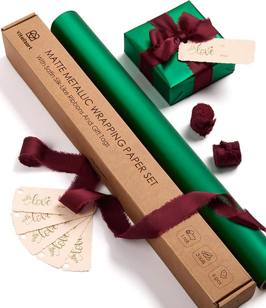 Vitalizart Green Matte Metallic Wrapping Paper Set 17" With Red Silk Like Satin Ribbon & Gift Tags Recyclable Christmas Gift Wrapping Birthday Baby Shower Wedding Handmade Crafts 197"(16.4 Ft)