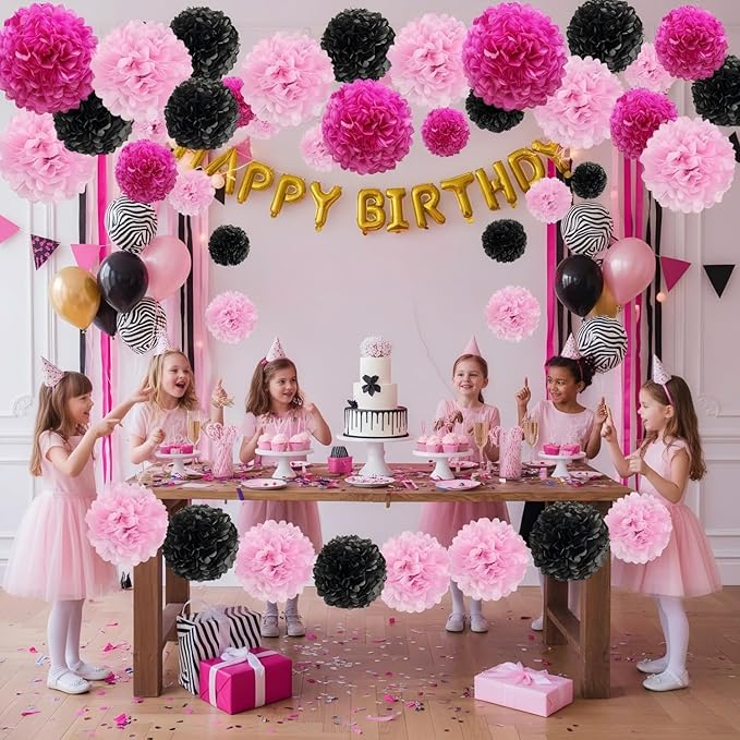 Pink and Black Paper Pom Poms (12 Pack) - Hanging Tissue Flowers for Birthday Party Ceiling Decorations