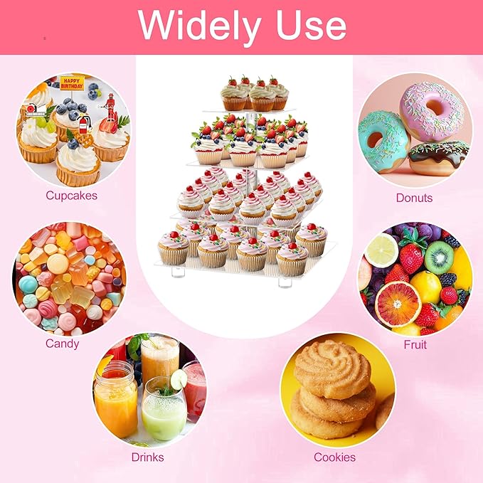 weddingwish Acrylic Cupcake Stand, 4 Tier Square Cupcake Display Stand with Base, Clear Cupcake Tower for Dessert Table,Wedding, Party, Baby Shower