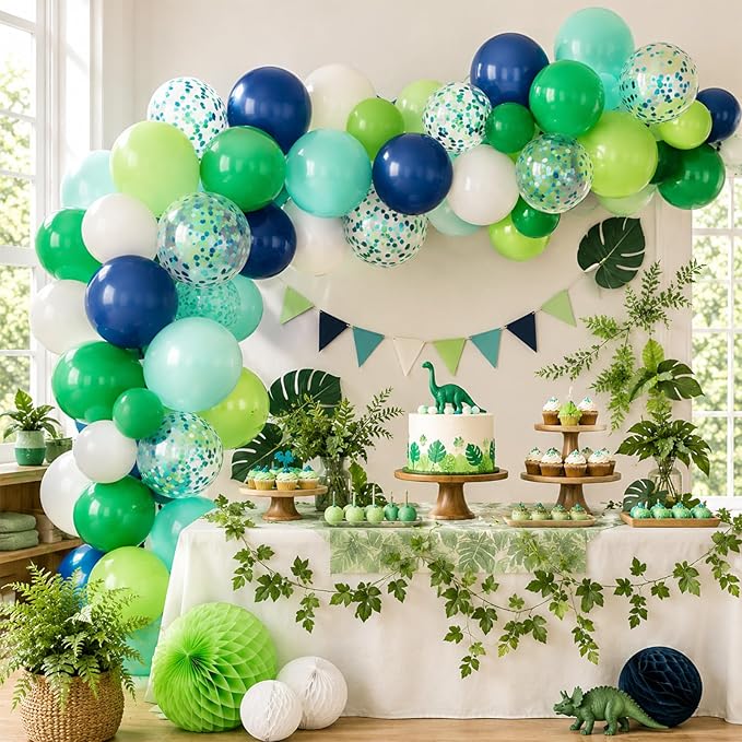 Blue and Green Balloons 60PCS Green and Blue Balloon Set, 12 Inch White Metallic Confetti Latex Balloon for Jungle Dinosaur Kids Boys Birthday Baby Shower Wedding Graduation Party Decor