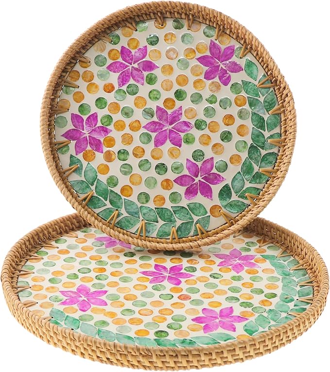 Round Rattan Tray with Mother of Pearl Inlay, Handwoven Wicker Coffee Table Serving Basket Tray for Fruit Snack Party Picnic Cafe Bedroom Kitchen Home Decor Set of 2 (Purple Blossom Dot)
