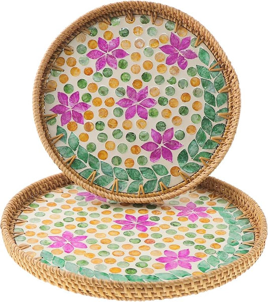 Round Rattan Tray with Mother of Pearl Inlay, Handwoven Wicker Coffee Table Serving Basket Tray for Fruit Snack Party Picnic Cafe Bedroom Kitchen Home Decor Set of 2 (Purple Blossom Dot)
