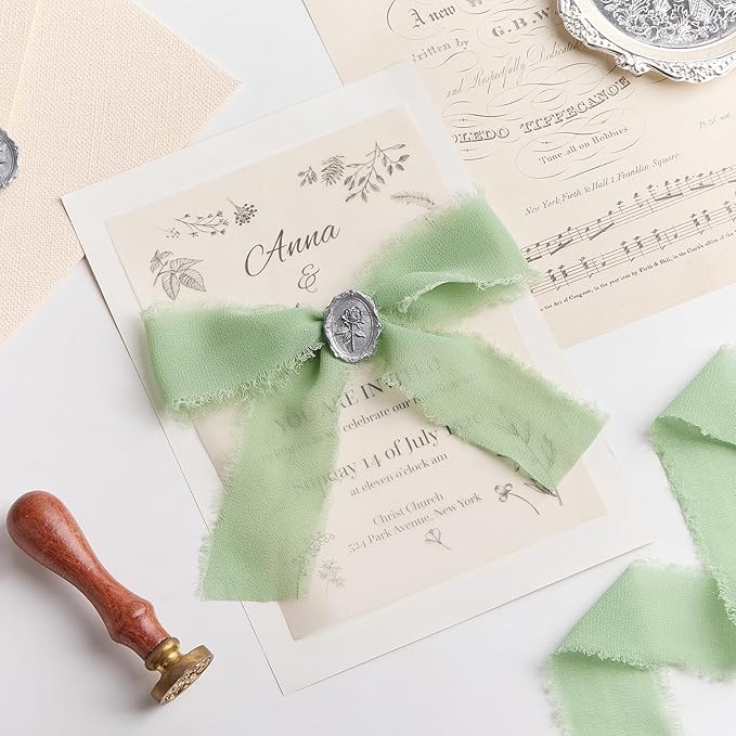 Sage Green Chiffon Ribbon 1.5" x 21 Yd Handmade Fringe Silk Chiffon Fabric Ribbon for Gift Wrapping Wedding Invitation Bridal Flower Bouquet DIY Crafts Home Decor
