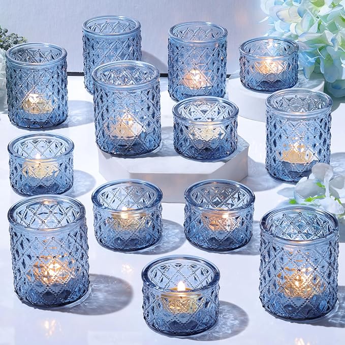 36 Pack Blue Votive Candle Holders, Assorted Glass Candle Holders for Table Centerpiece, Blue Glass Candle Holder Decorations for Wedding, Baby Shower Party & Home Decor